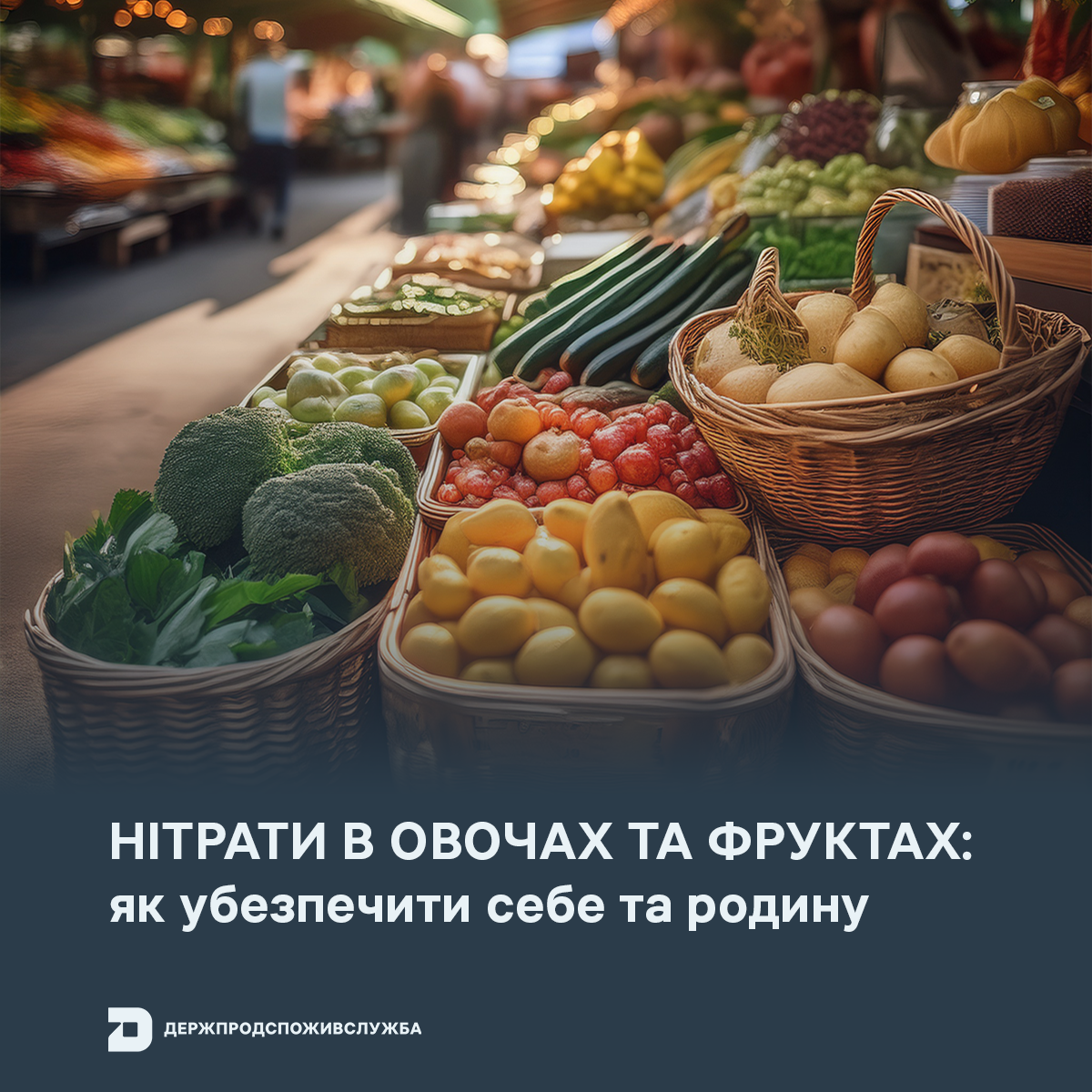 Банер Держпродспоживслужби на тему «Нітрати в овочах та фруктах: як убезпечити себе та родину» на фоні кошиків із продуктами