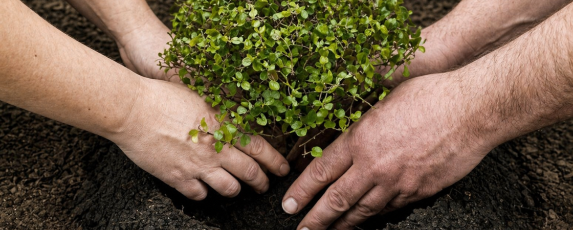 Кілька людей разом тримають і висаджують невелике дерево у ґрунт.