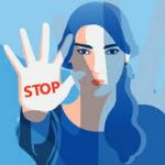 Ілюстрація жінки з серйозним виразом обличчя, яка тримає перед собою долоню з написом «STOP», ніби закликаючи зупинитися або припинити небажану поведінку.