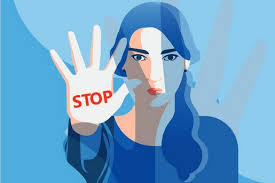Ілюстрація жінки з серйозним виразом обличчя, яка тримає перед собою долоню з написом «STOP», ніби закликаючи зупинитися або припинити небажану поведінку.