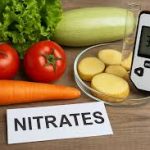 На столі лежать свіжі овочі — помідори, морква, листя салату та кабачок. Поруч розрізана картопля і електронний прилад для вимірювання нітратів, який показує значення «350». На передньому плані напис «NITRATES».