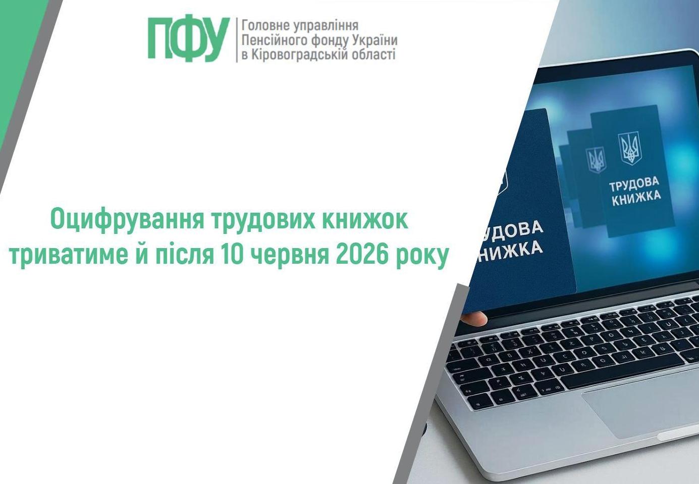 Зображення має інформаційний характер і оформлене у світлих тонах із зеленими акцентами. У верхній частині розміщено логотип та напис: «Головне управління Пенсійного фонду України в Кіровоградській області». У центрі великим зеленим шрифтом написано: «Оцифрування трудових книжок триватиме й після 10 червня 2026 року». Праворуч зображено ноутбук, на екрані якого видно електронні документи з написом «Трудова книжка» та державним гербом України. Це символізує перехід від паперових трудових книжок до цифрового формату. Загальний зміст зображення — повідомлення про продовження процесу цифровізації трудових книжок в Україні після зазначеної дати.