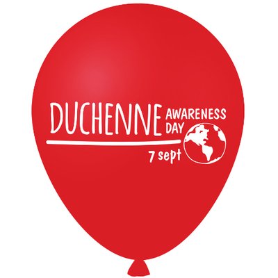Червона повітряна кулька з білим написом «Duchenne Awareness Day, 7 sept» і стилізованим зображенням глобуса, що символізує День обізнаності про м’язову дистрофію Дюшенна.