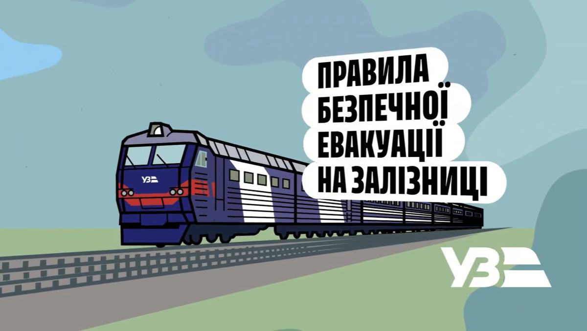 Ілюстрація пасажирського потяга. Поруч напис: «Правила безпечної евакуації на залізниці». У правому нижньому куті розміщений логотип УЗ.