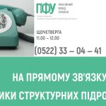 Інформаційний банер Пенсійного фонду України та текст: “Щочетверга 11.00–12.00, (0522) 33–04–41”. Унизу напис: “На прямому зв’язку керівники структурних підрозділів”.