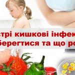 Інформаційний банер з написом: "Гострі кишкові інфекції: як уберегтися та що робити". На зображенні дитина біля умивальника, людина з болем у животі, миття овочів під водою та лабораторна чашка з бактеріями.