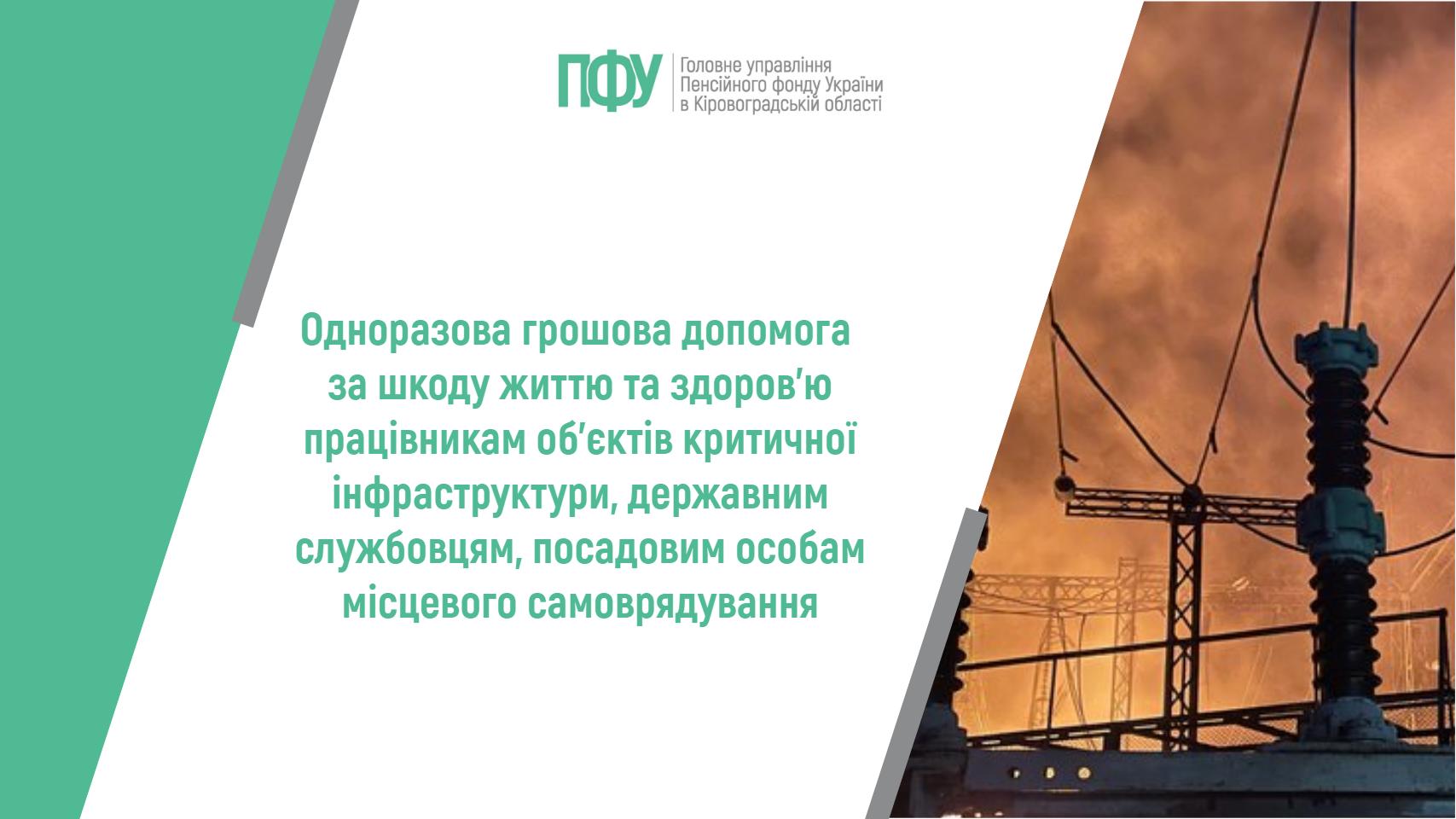 Логотип Пенсійного фонду України. Напис посередині: "Одноразова грошова допомога за шкоду життю та здоров’ю працівникам об’єктів критичної інфраструктури, державним службовцям, посадовим особам місцевого самоврядування"