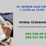 анонс прямої телефонної лінії на світлому фоні. Ліворуч зображено руку, яка тримає телефонну трубку стаціонарного офісного телефону. Праворуч розміщено текст українською мовою: 25 ЧЕРВНЯ 2026 РОКУ з 14:00 до 15:00 (у верхній частині, синім кольором) Значок телефонної трубки у червоному крузі (у верхньому правому куті). ПРЯМА ТЕЛЕФОННЯ ЛІНІЯ (по центру, великим чорним шрифтом). З НАЧАЛЬНИКОМ РАЙОННОЇ ВІЙСЬКОВОЇ АДМІНІСТРАЦІЇ (під основним заголовком, меншим чорним шрифтом). 093 938 09 01 та 096 557 00 95 (у нижній частині, зеленим кольором — номери телефонів для дзвінків).