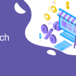 Текст "DeepTech" та ілюстрація е-комерції з монітором-магазином, монетами, знаком відсотка і калькулятором