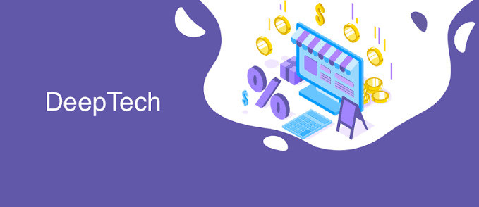 Текст "DeepTech" та ілюстрація е-комерції з монітором-магазином, монетами, знаком відсотка і калькулятором