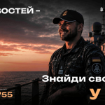 Усміхнений моряк у формі ВМС на палубі корабля дивиться на морський захід сонця, з текстом: Можливостей – море! Знайди своє місце у ВМС