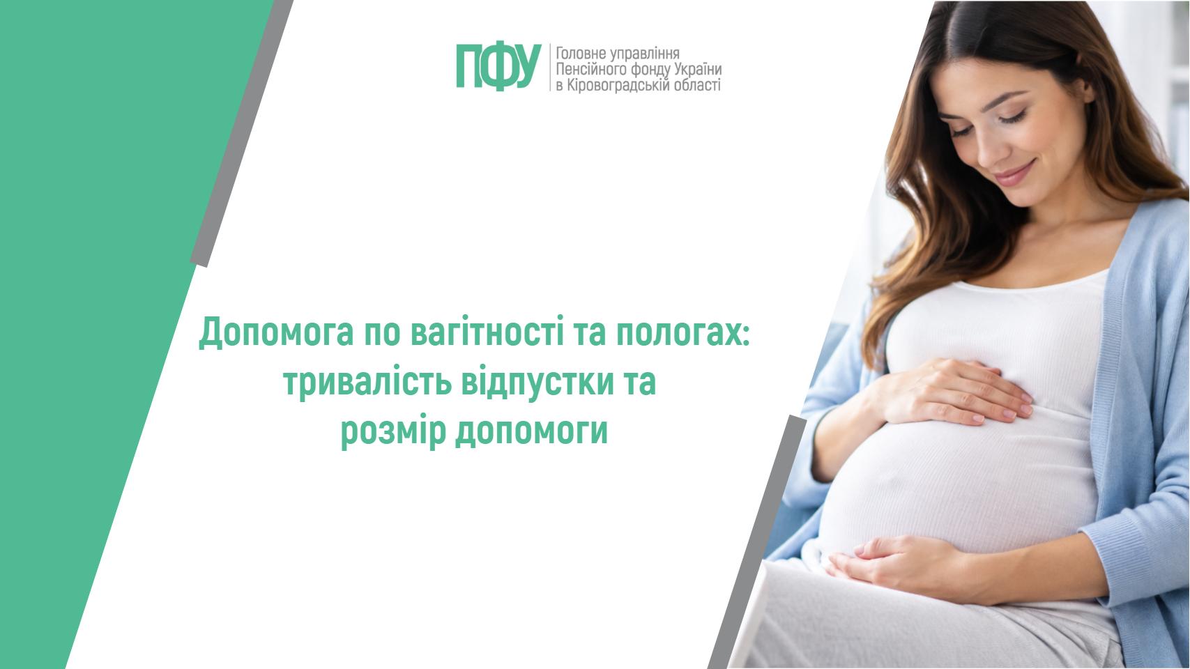 Вагітна жінка тримає живіт; на зображенні також є логотип ПФУ та текст про допомогу по вагітності та пологах