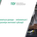 Жінка розглядає документи з текстом: Змінюються доходи — змінюються і розміри житлової субсидії