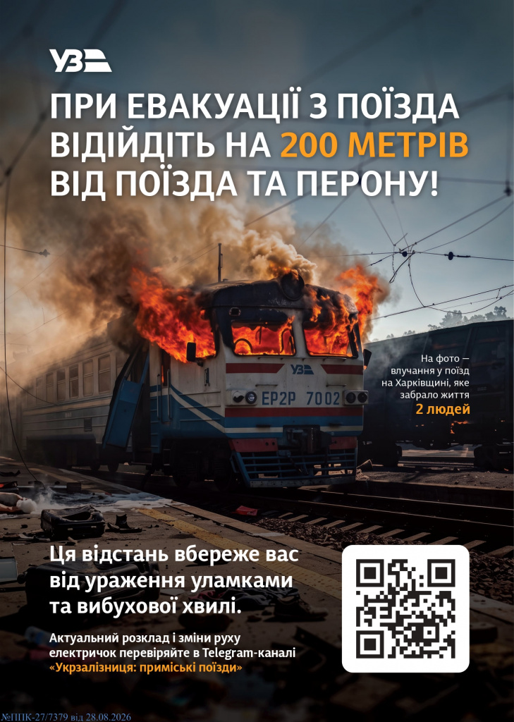 Інфографіка Укрзалізниці: при евакуації з поїзда відійдіть на 200 метрів від поїзда та перону. На тлі — охоплений вогнем приміський поїзд ЕР2П