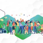 Ілюстрація різноманітної групи людей різного віку та статі, які радісно махають руками