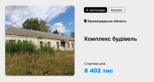 Одноповерхова світла будівля з шиферним дахом, заросла бур'янами, на продаж на аукціоні за 402 тис. грн